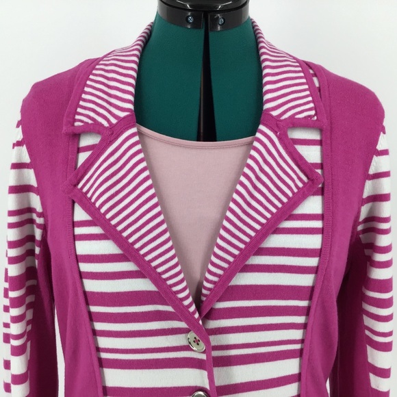 Orly Pink and White 3/4 Sleeve Cardigan, Large - Picture 4 of 16
